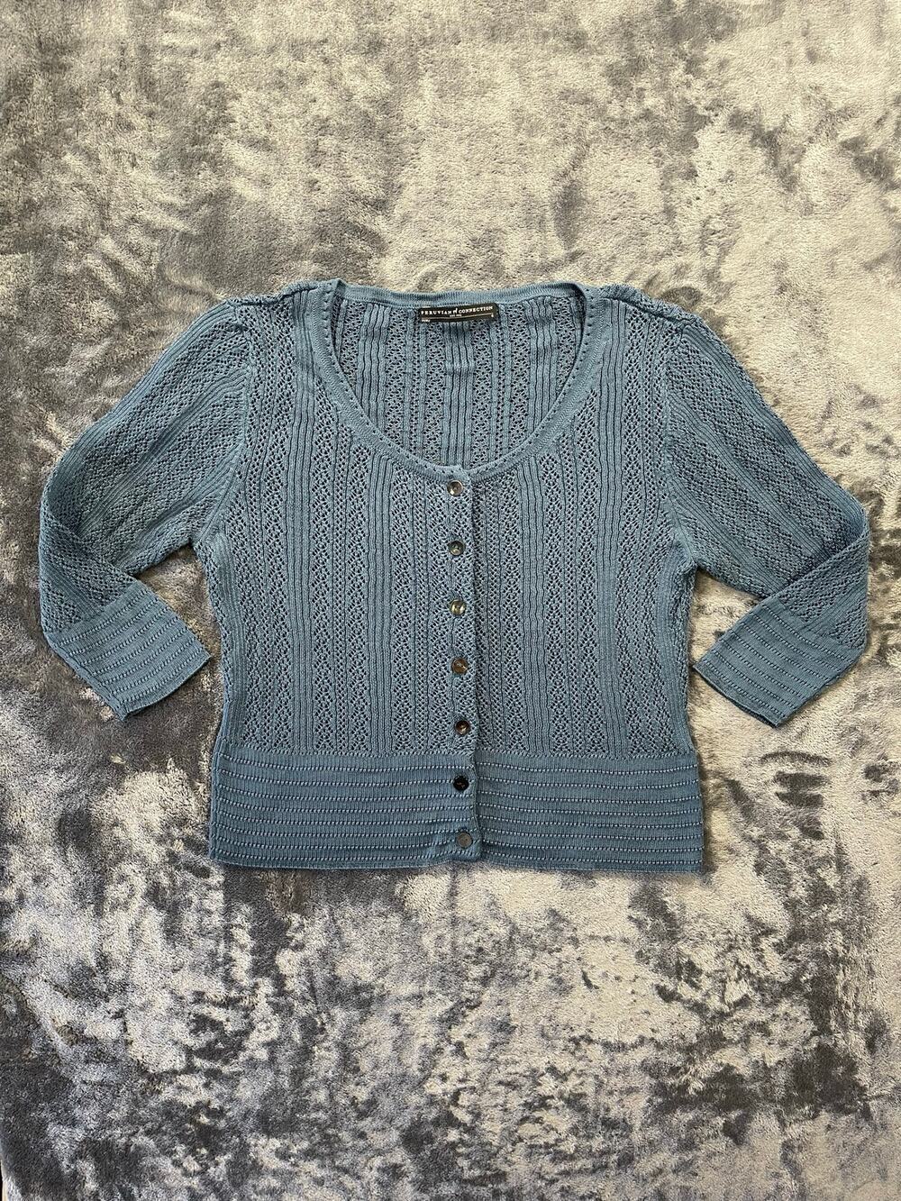 Peruvian Connection Pointelle Cable Open Knit Cardigan Sweater Blue Small NWOT